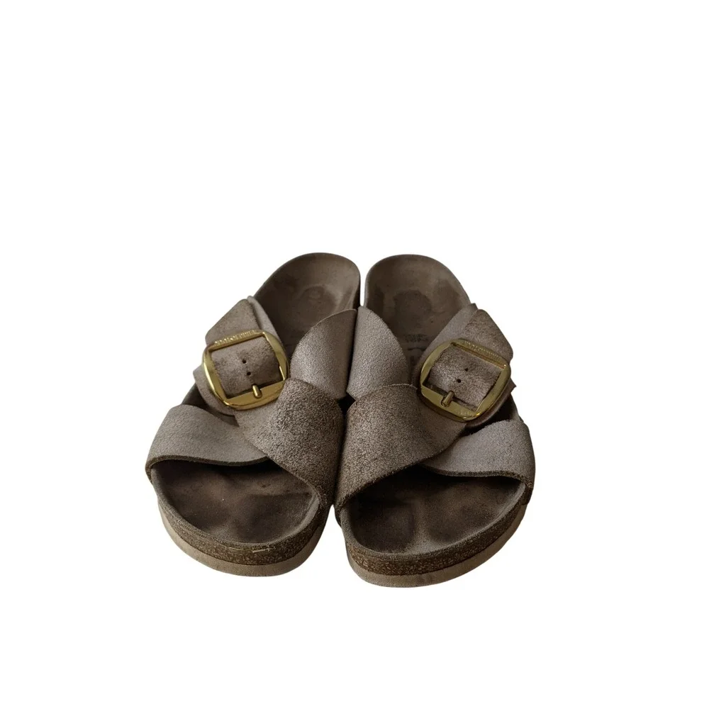 Birkenstock Siena Big Buckle Metallic Taupe Suede Slide Sandals Womens 42 L11 M9